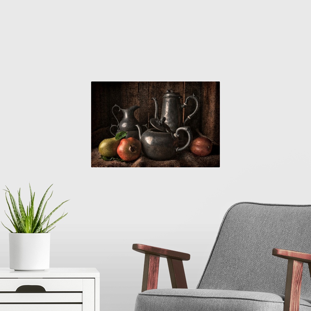 A modern room featuring Still Life Of Pewter Vessels