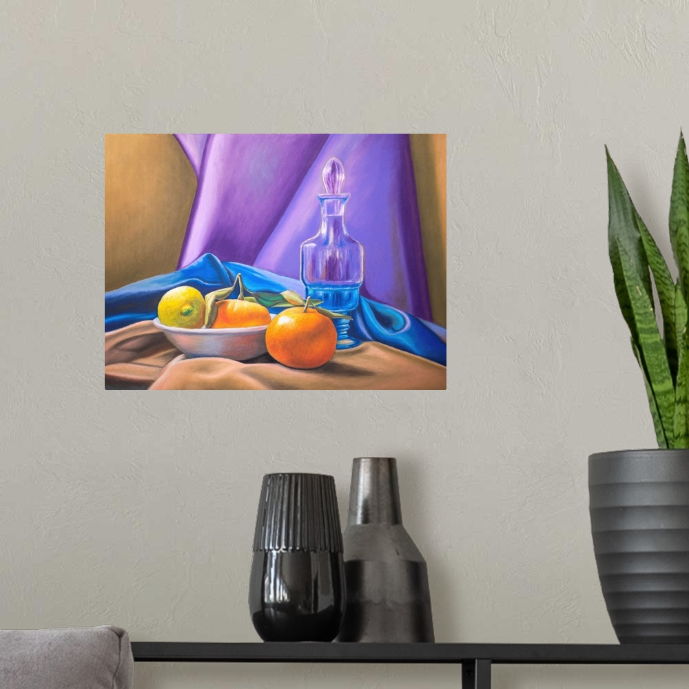 A modern room featuring Still life with lemon, tangerines, and some colorful drapery.