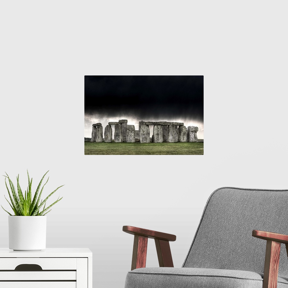 A modern room featuring Most famous sites in world, Stonehenge is composed of earthworks surrounding  circular setting of...