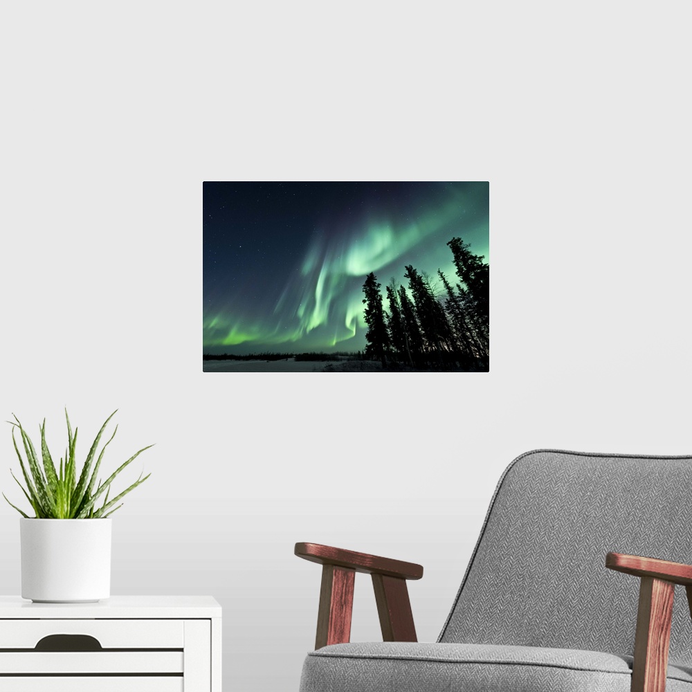 A modern room featuring Strong aurora over Walsh Lake, Northwest Territories, Canada.