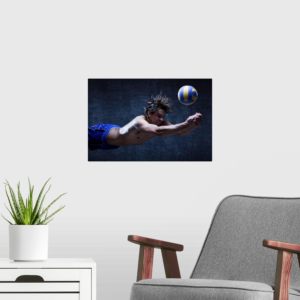 A modern room featuring Studio shot of volleyball player playing