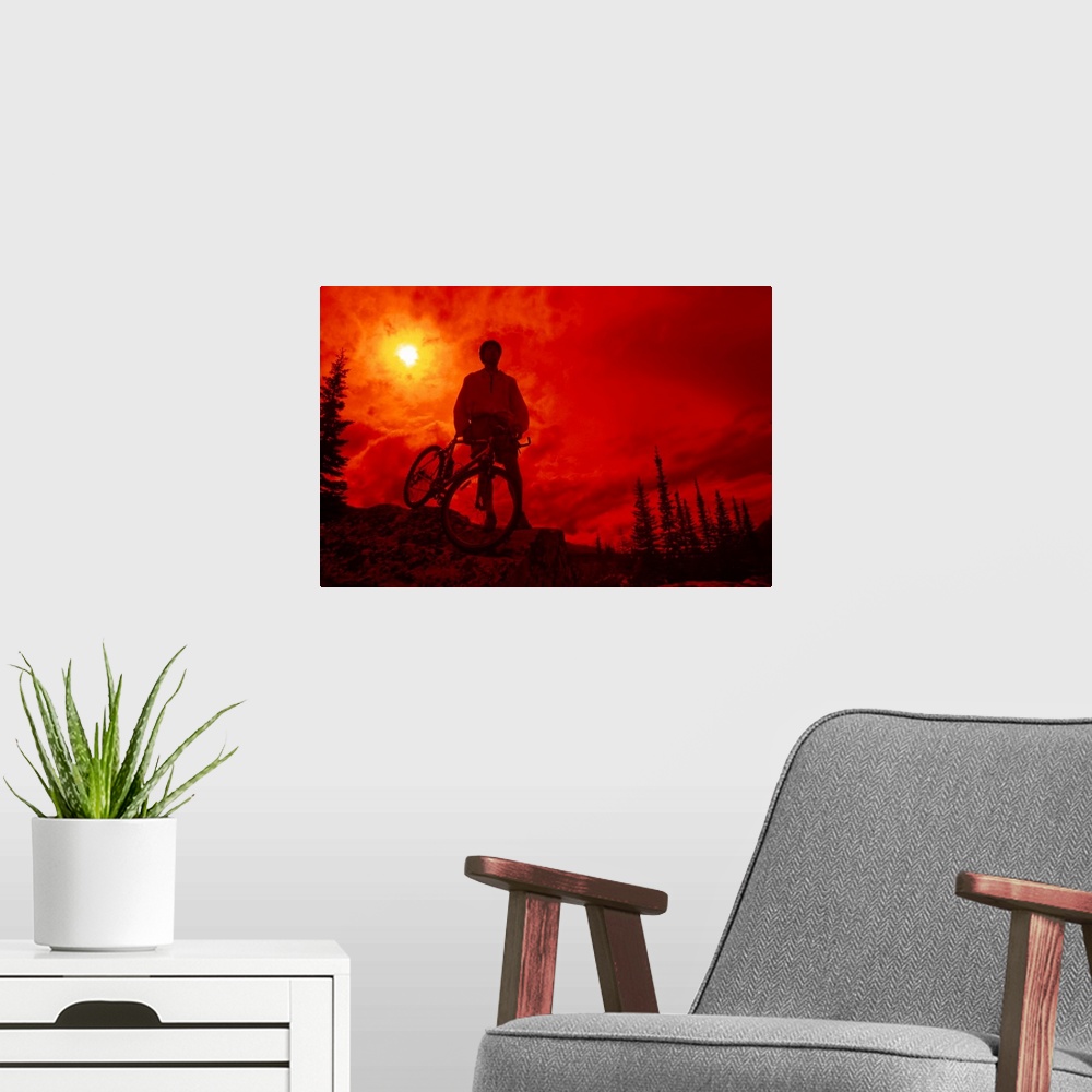 A modern room featuring Sun behind cyclist on hill