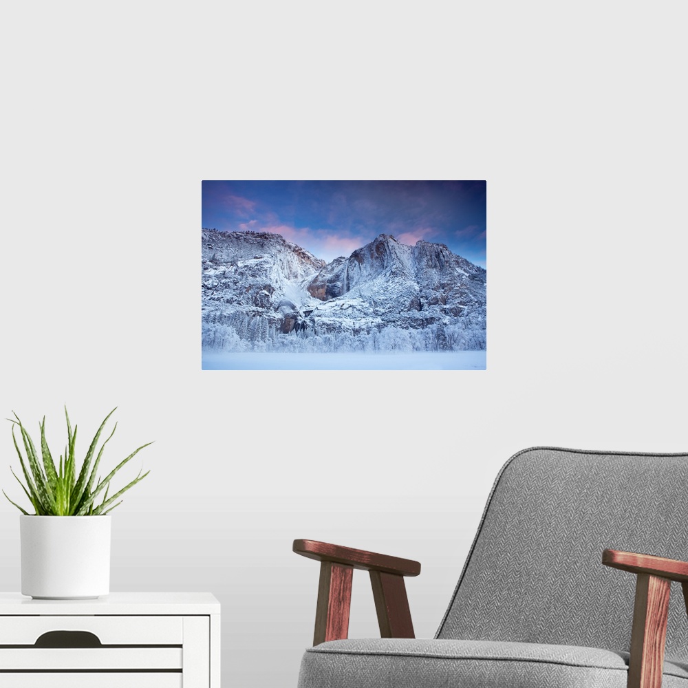 A modern room featuring Sunrise after fresh snow in Yosemite Valley.