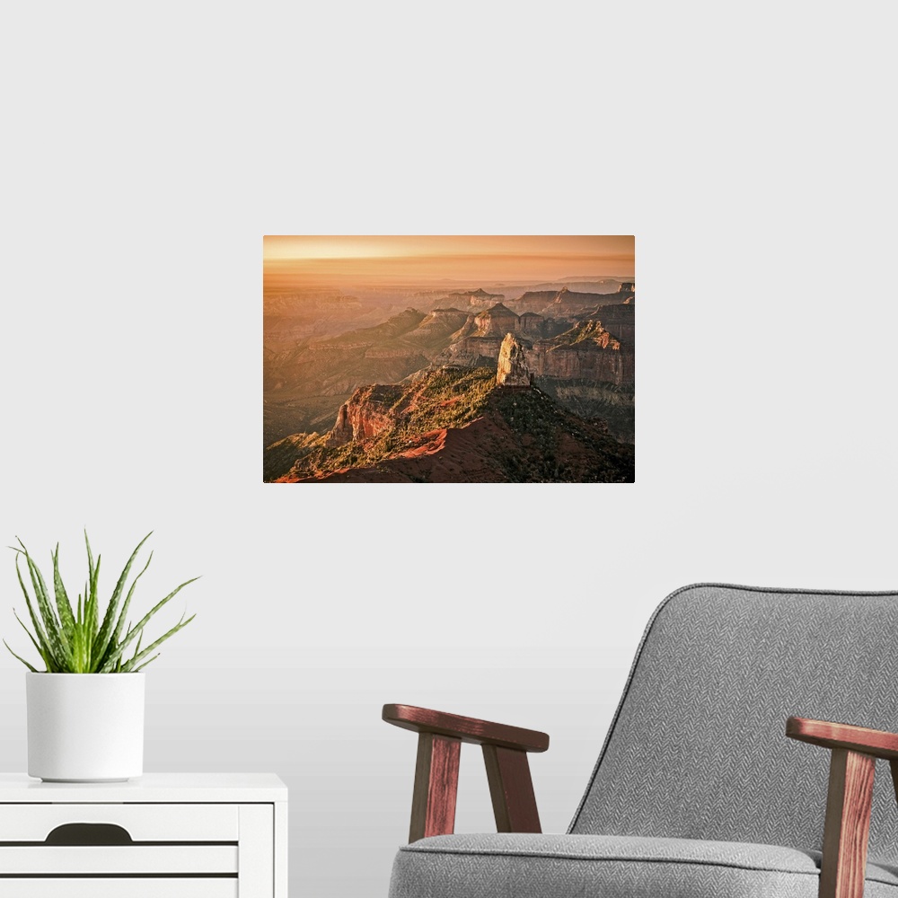A modern room featuring Sunrise at Point Imperial, Grand Canyon North Rim.