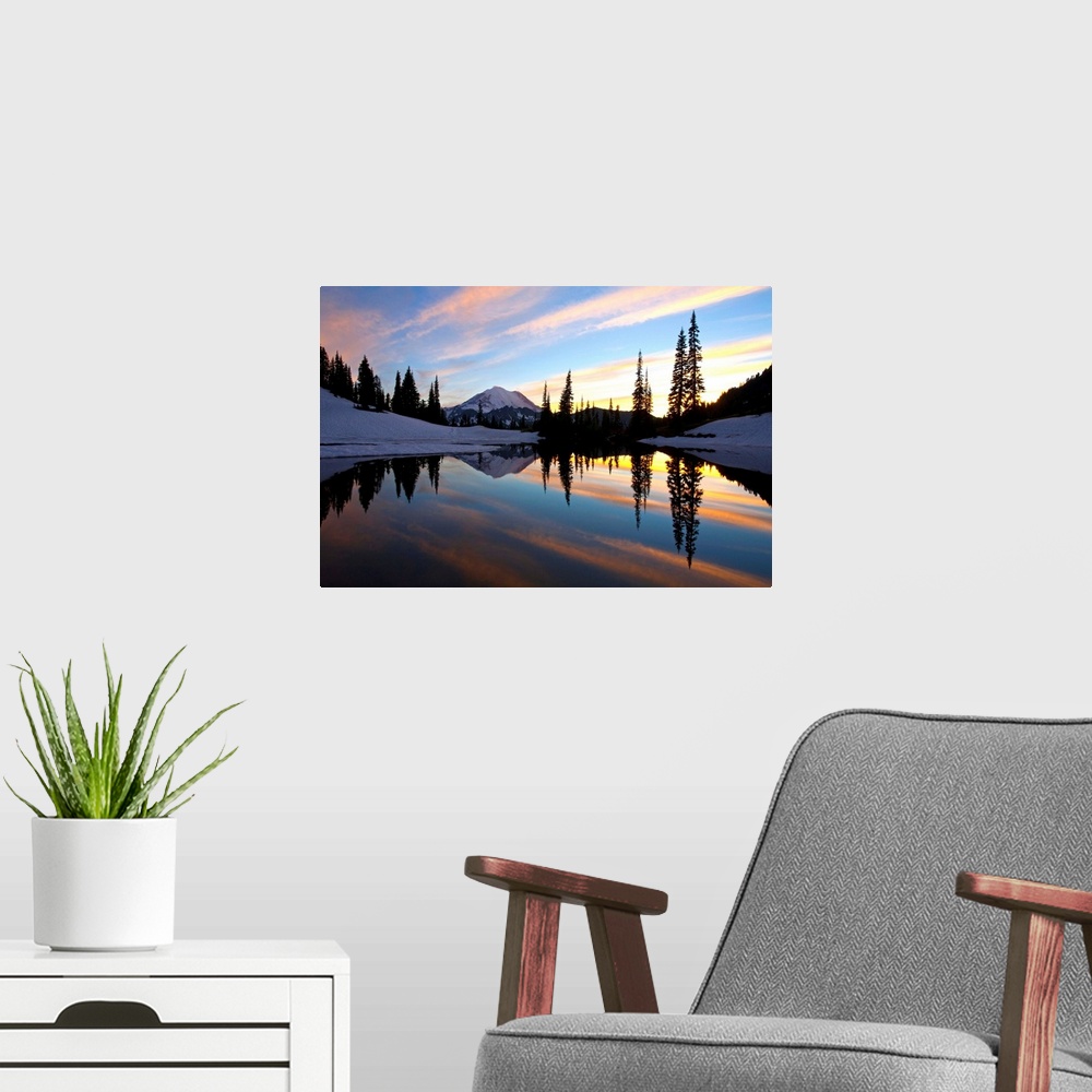 A modern room featuring Sunset At Tipsoo Lakes And Mount Rainier