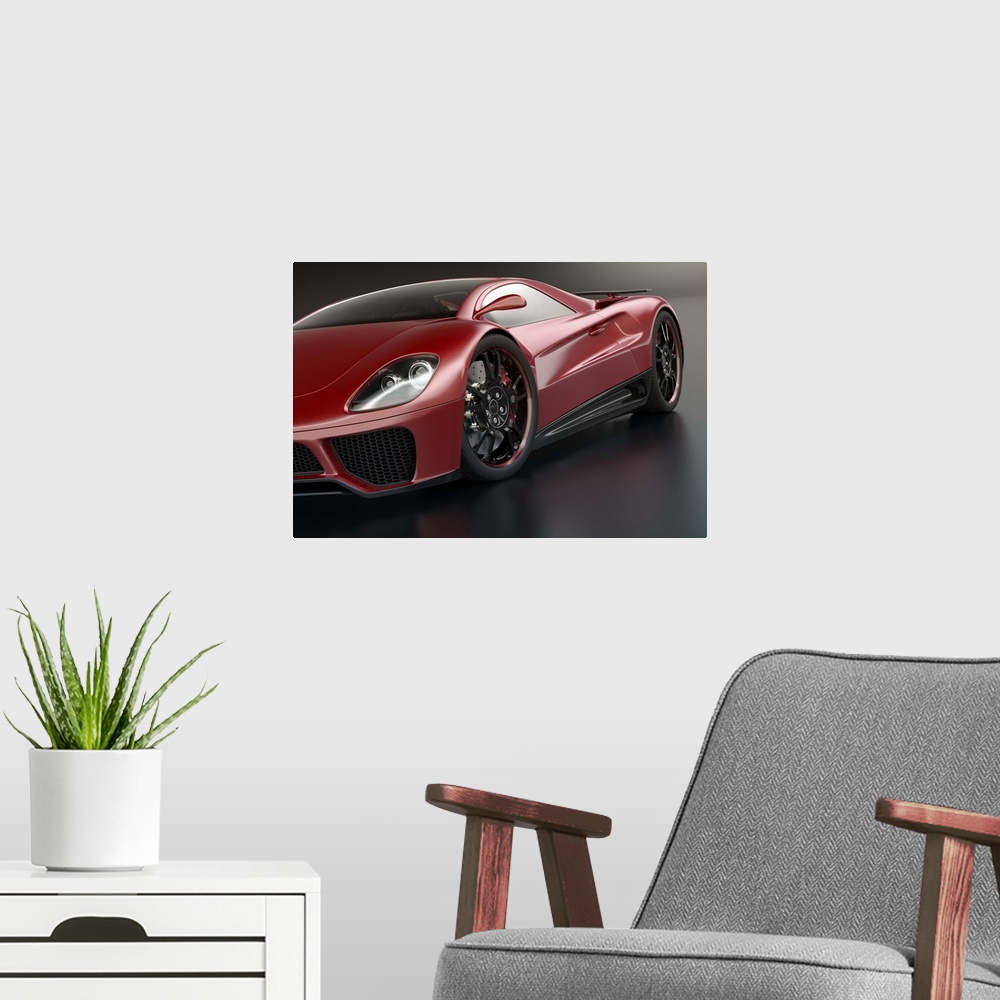 A modern room featuring Close view of a modern red sports car. Unique generic car design.  Designed and modelled entirely...