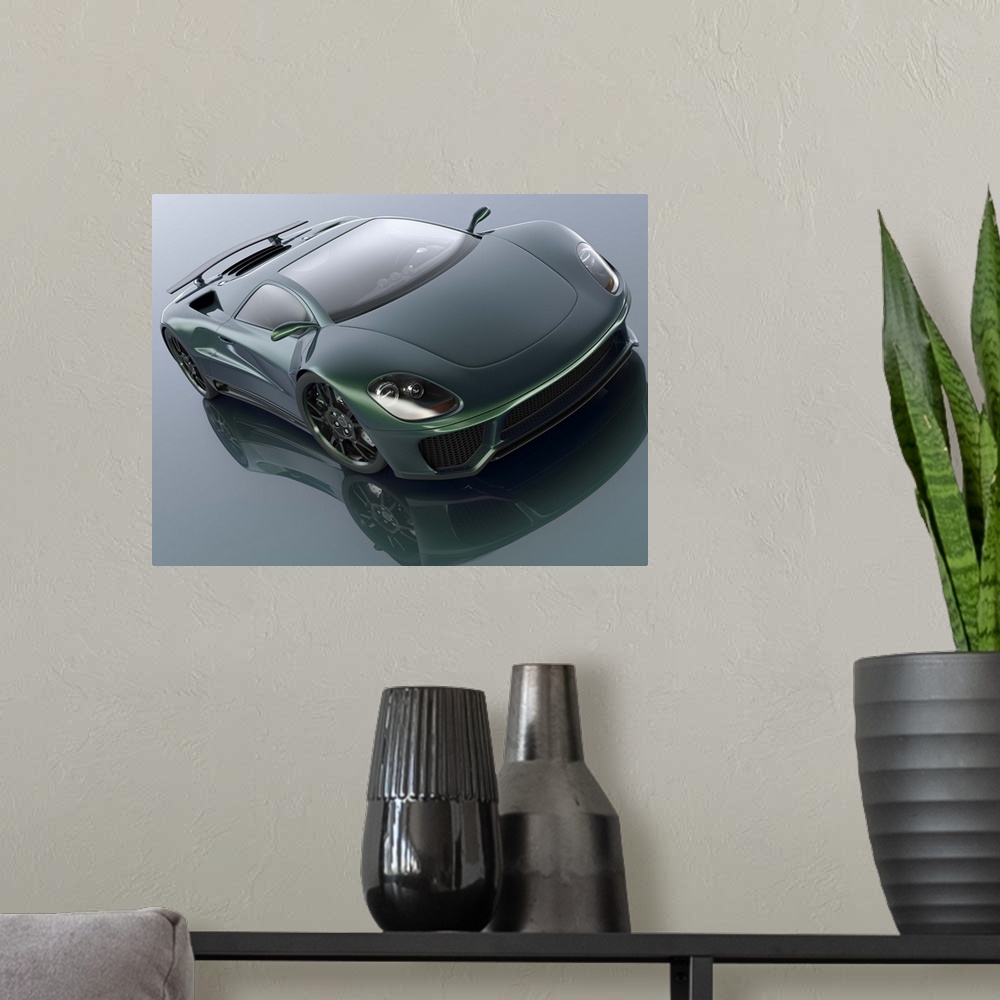 A modern room featuring A modern dark green sports car. Unique generic car design.  Designed and modelled entirely by mys...