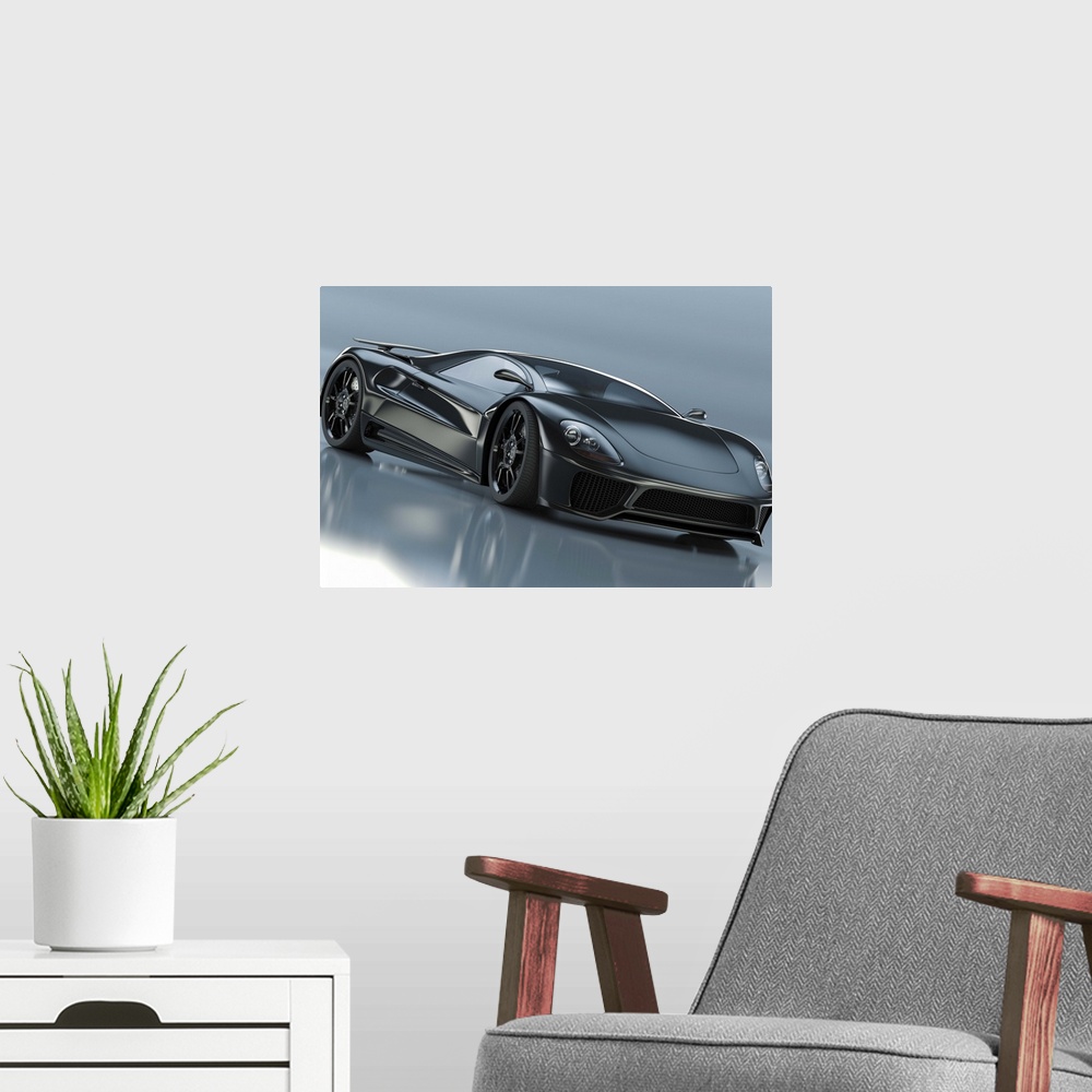 A modern room featuring A modern black sports car. Unique generic car design.  Designed and modelled entirely by myself. ...