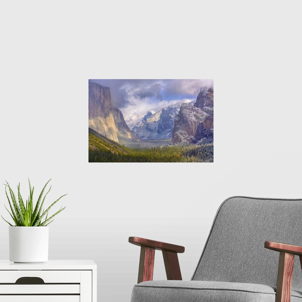 A modern room featuring A landscape of Tunnel view right after a morning storm at Yosemite National Park. On the left, st...