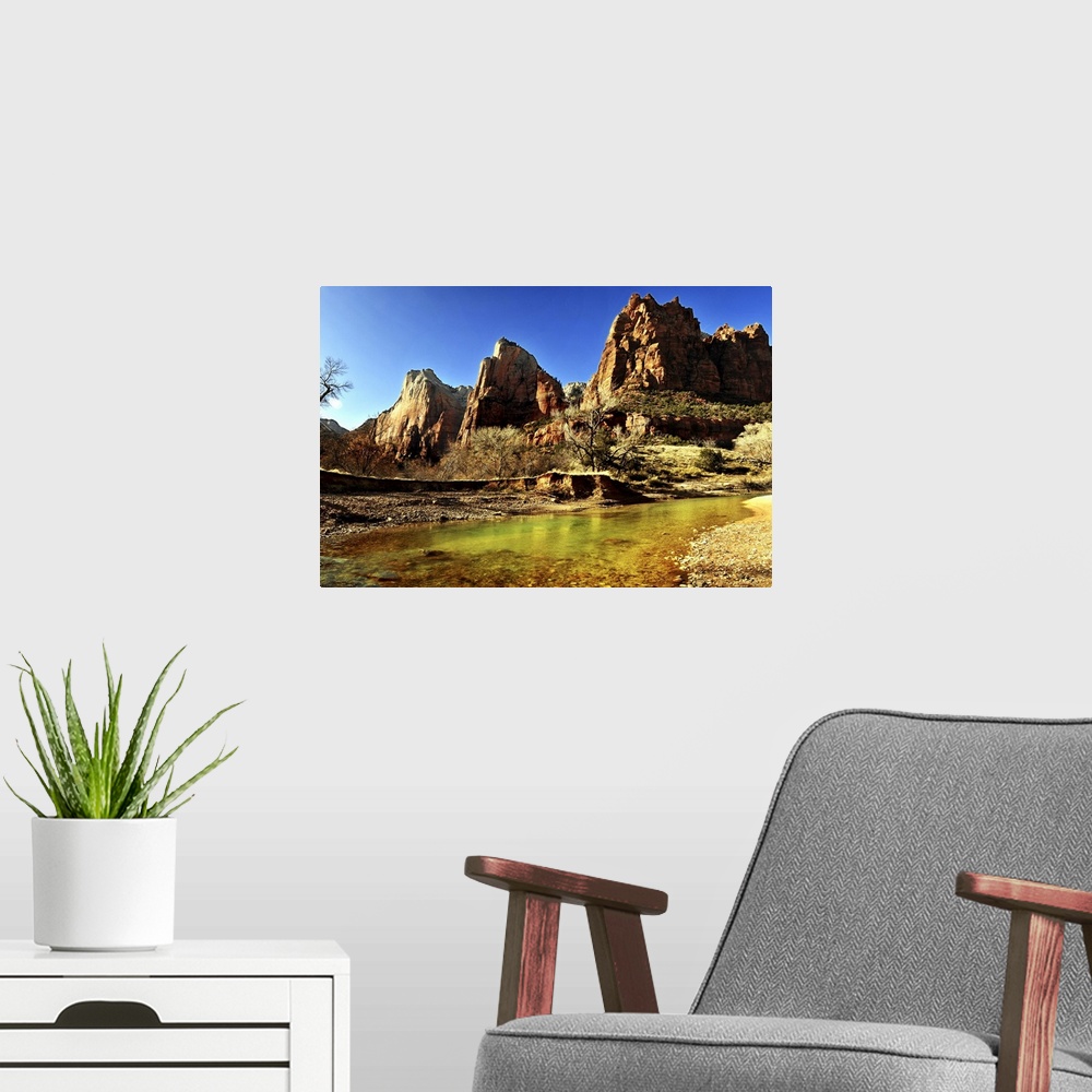 A modern room featuring Three Patriarchs, Zion National Park.