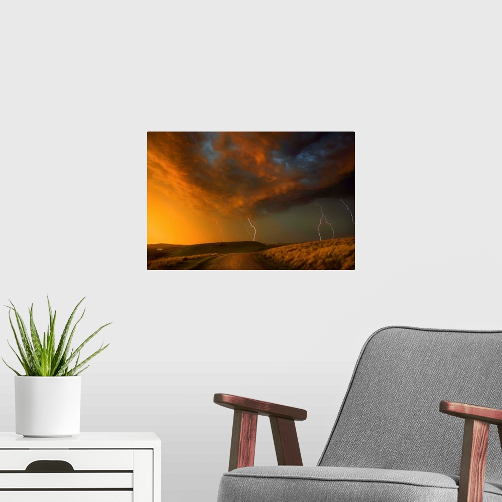 A modern room featuring Thunderstorm And Orange Clouds At Sunset