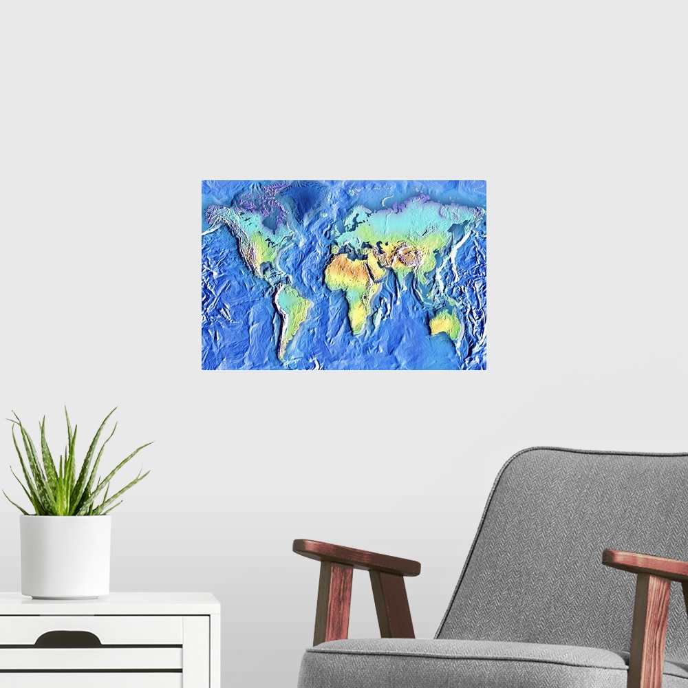 A modern room featuring Topographic map of world