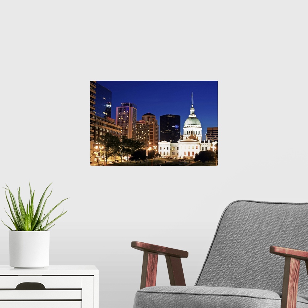 A modern room featuring USA, Missouri, St Louis,  Old courthouse illuminated at night