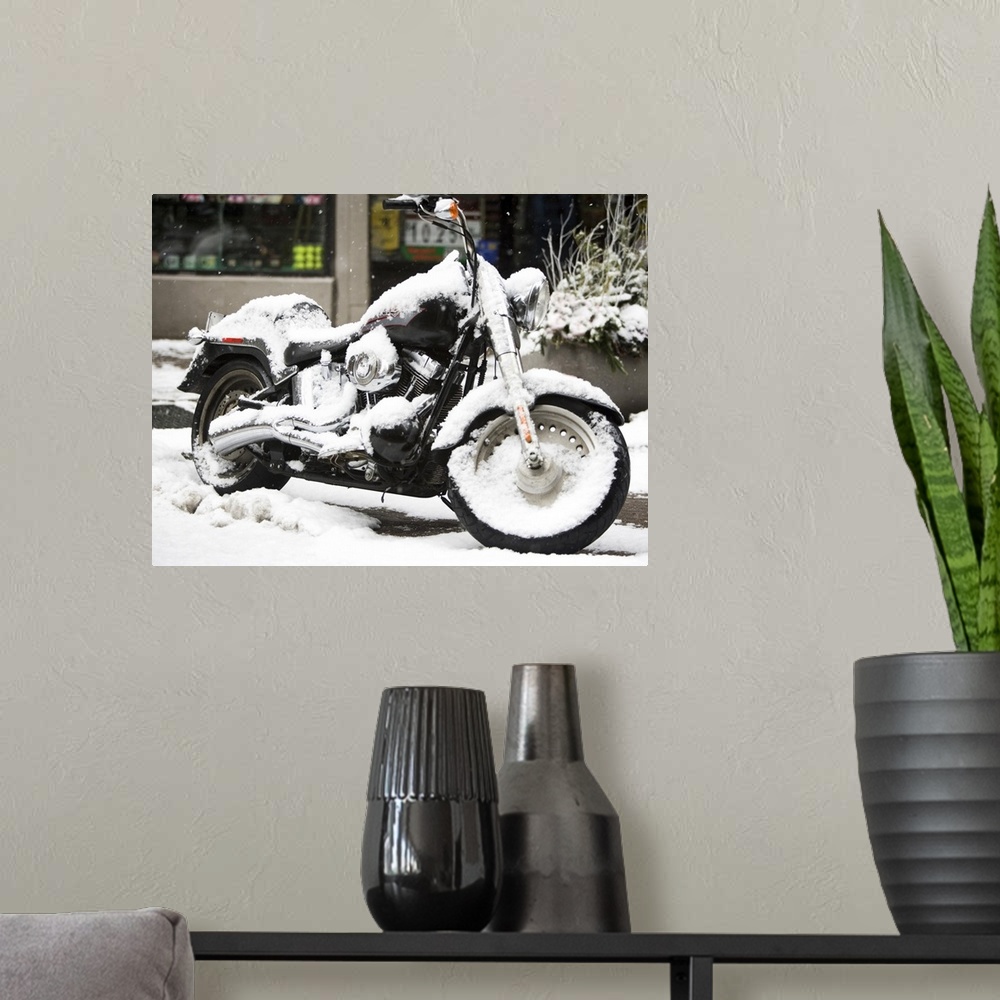 A modern room featuring USA, New York City, motorbike covered with snow