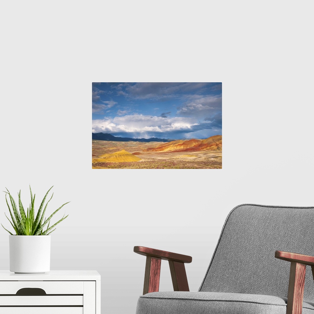 A modern room featuring USA, Oregon, Mitchell, Painted Hills with storm clouds