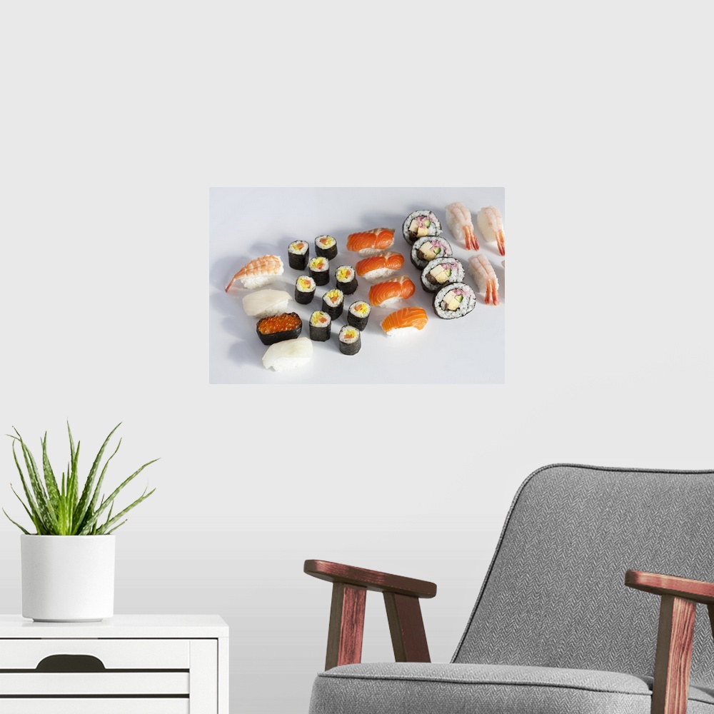 A modern room featuring Various type of sushi on white background