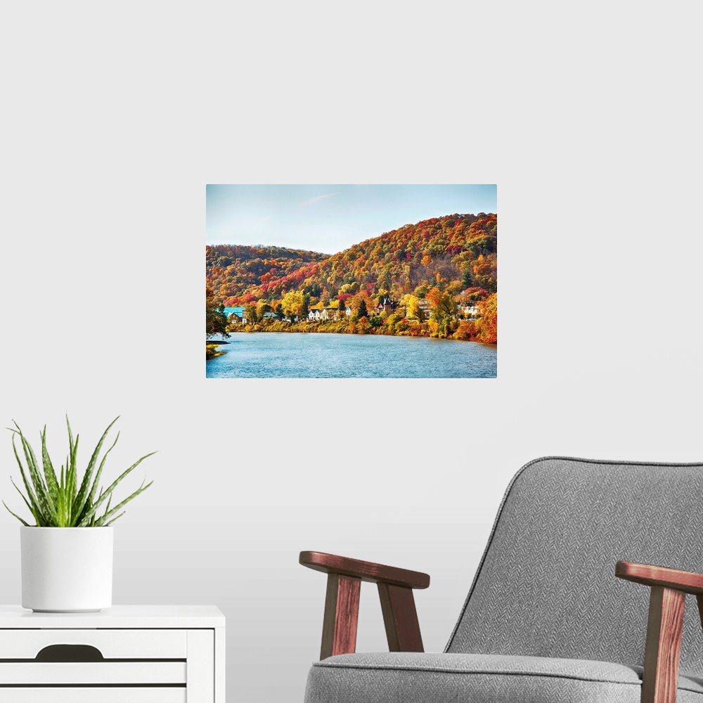 A modern room featuring View Of Beautiful Autumn Landscape Of Warren, Pennsylvania