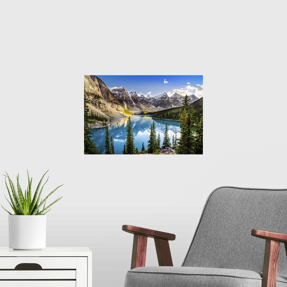 A modern room featuring Landscape sunset view of Morain lake and mountain range, Alberta, Canada.