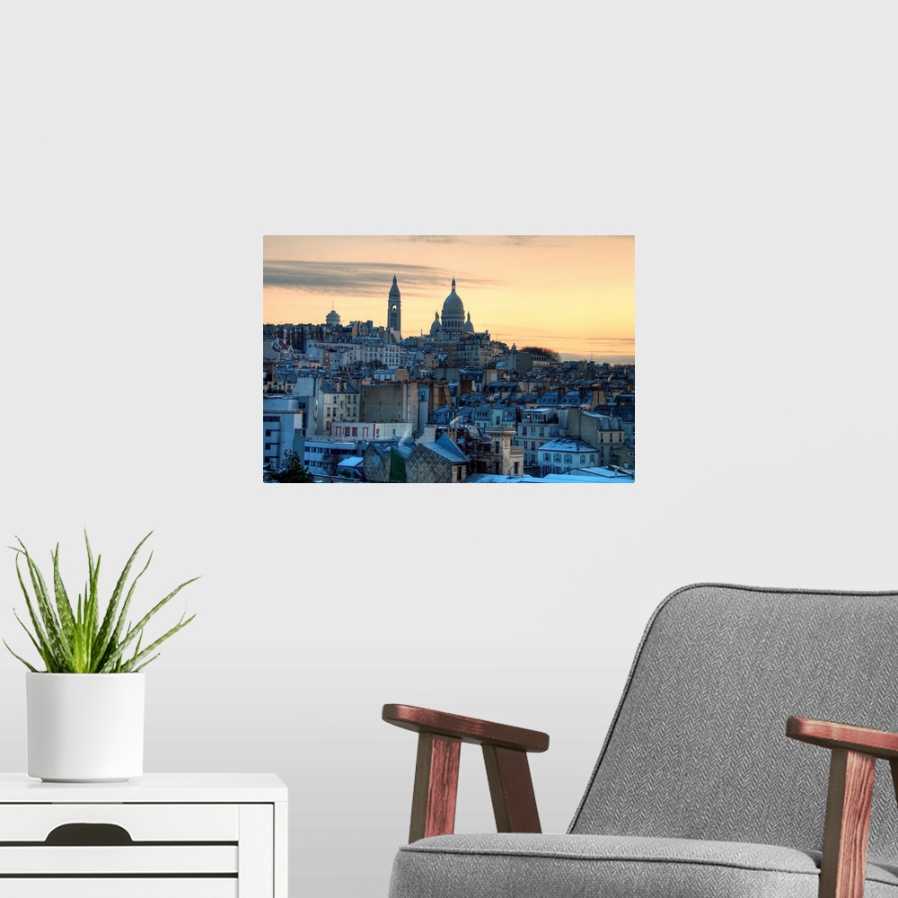 A modern room featuring View of Sacre Coeur and Montmatre in Paris at sunrise