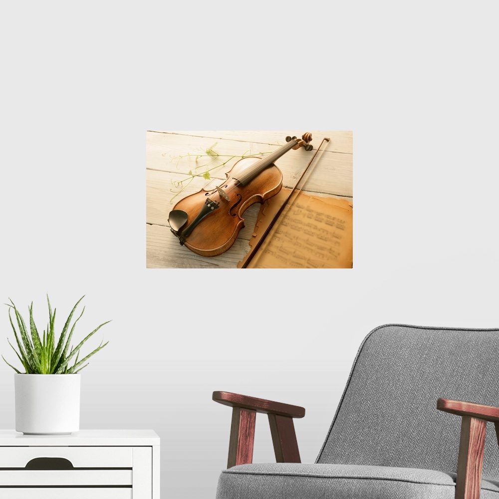 A modern room featuring Violin and music sheet