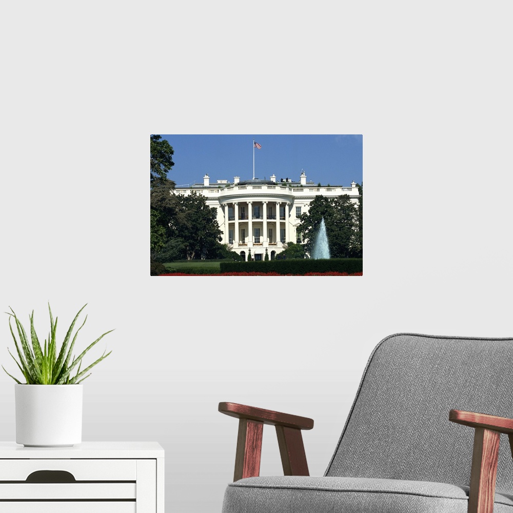 A modern room featuring White House exterior and grounds