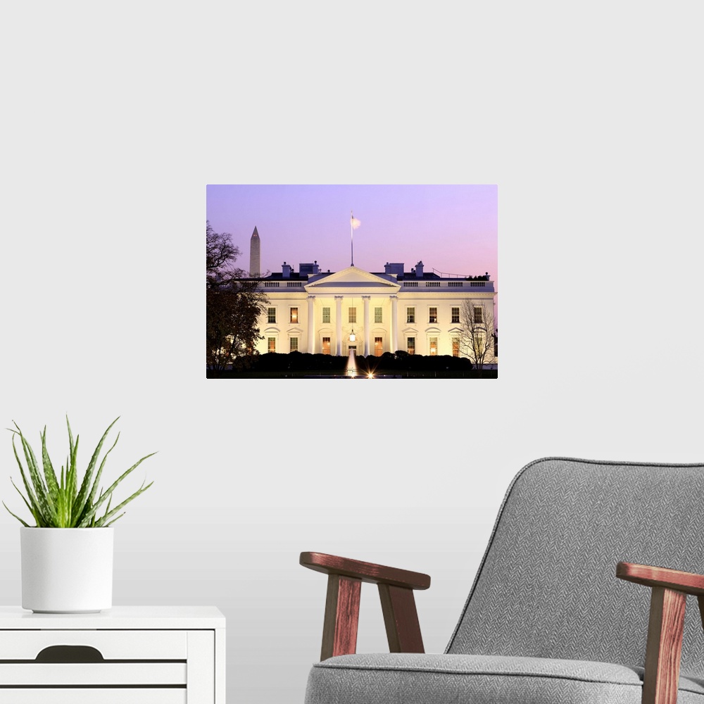 A modern room featuring White House, Washington DC at sunset