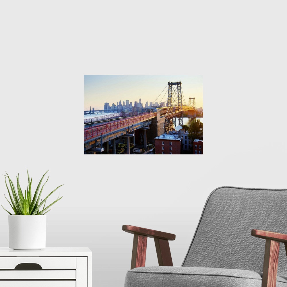 A modern room featuring Williamsburg bridge and downtown Manhattan skyline in Brooklyn.