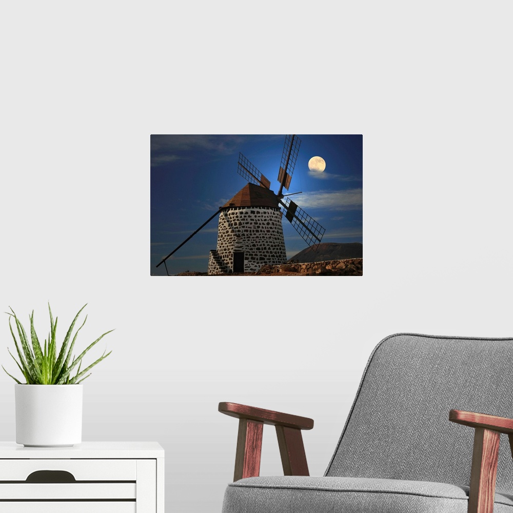 A modern room featuring Windmill against sky with full moon, Killkenny, Leinster.