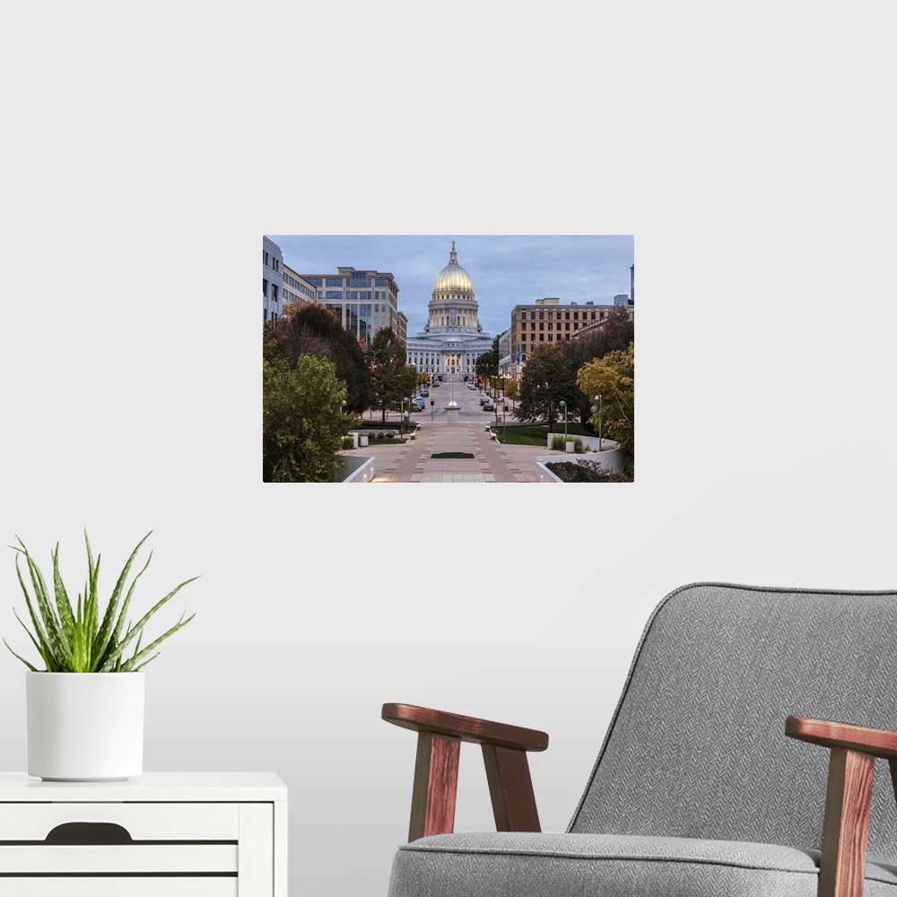 A modern room featuring Looking down Wisconsin Avenue at the Wisconsin State Capitol Building. Madison, Wisconsin.