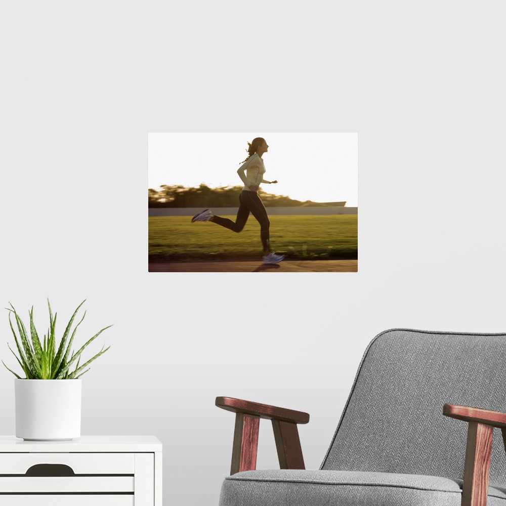 A modern room featuring Woman running