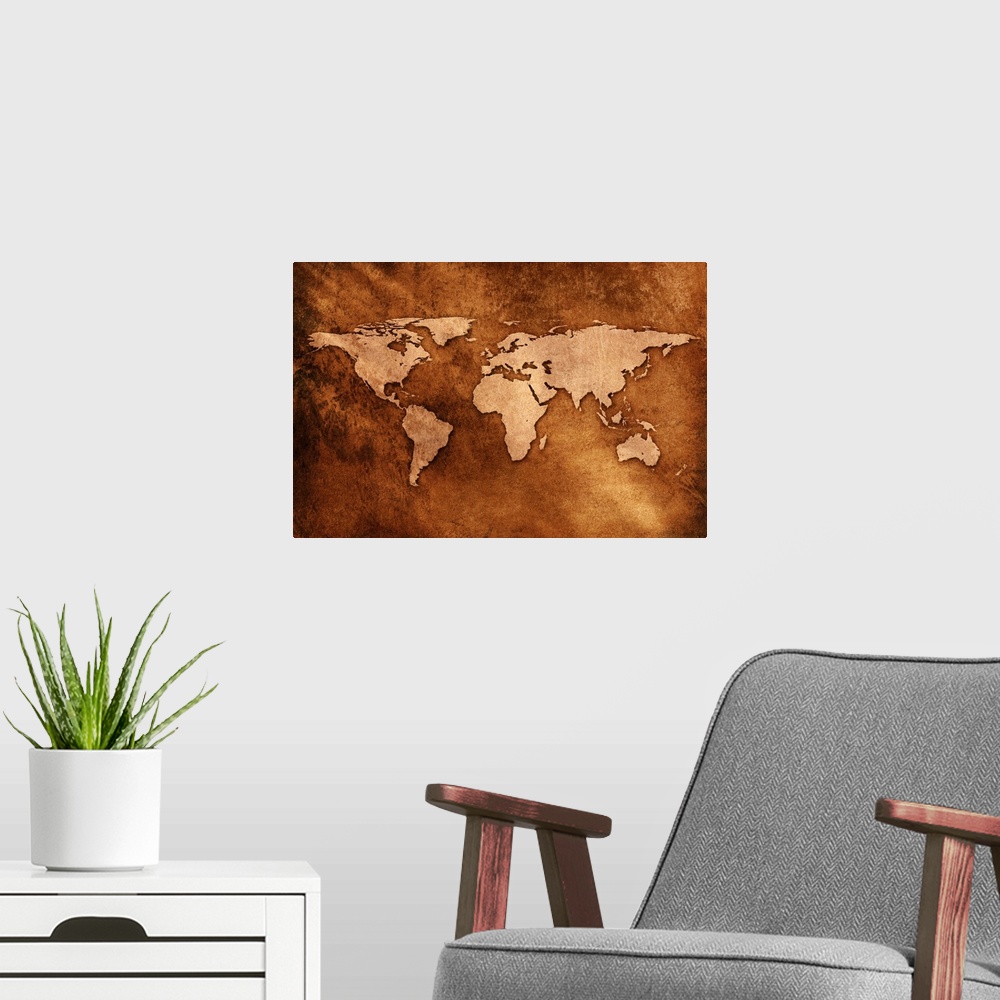 A modern room featuring World map on textured background