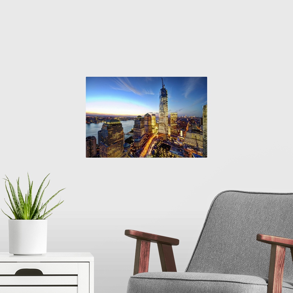 A modern room featuring World Trade Center and World Financial Centers