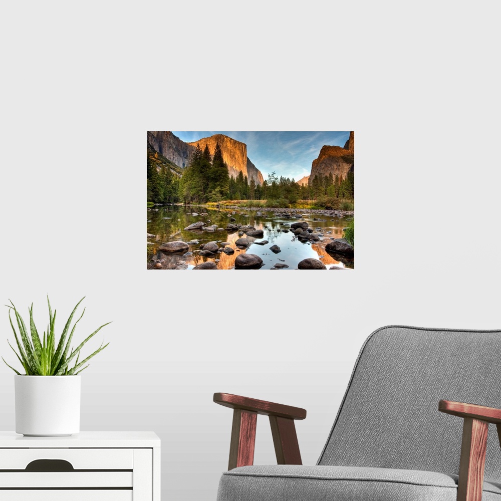 A modern room featuring Yosemite valley in the Merced river