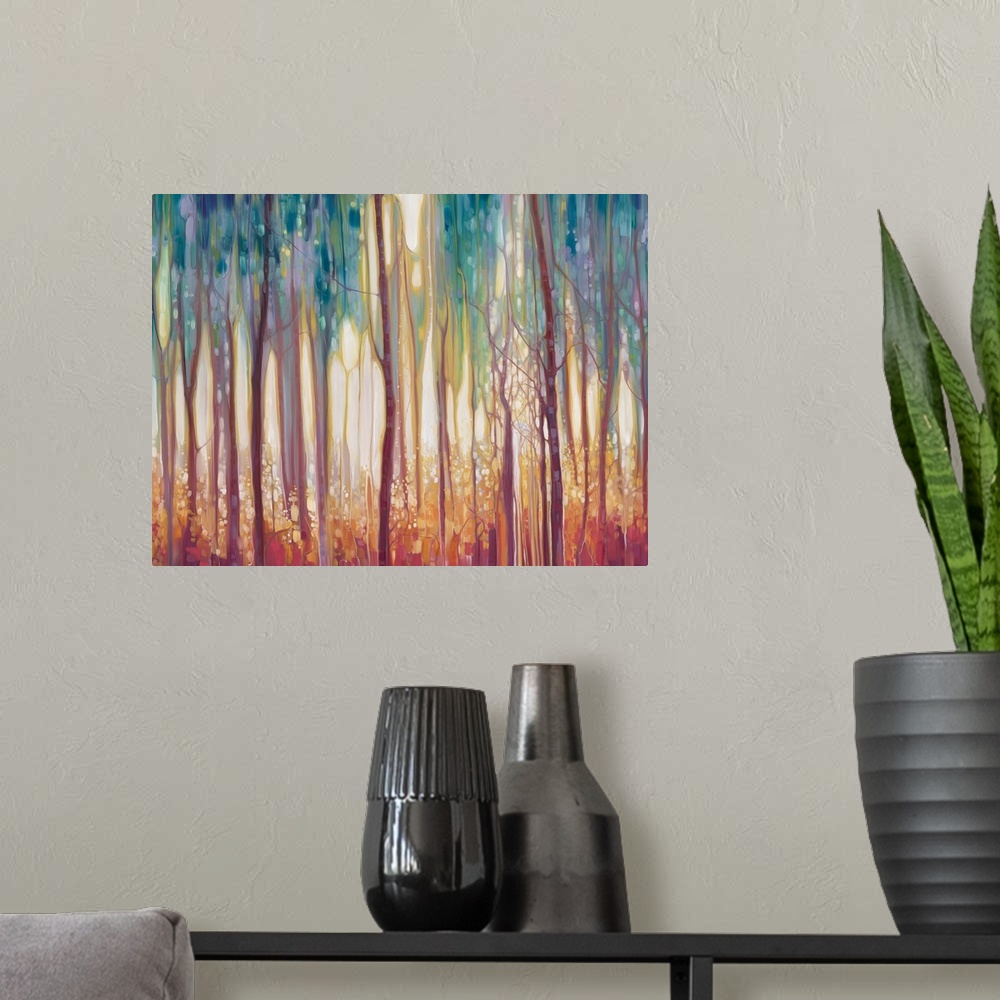 A modern room featuring Watercolor painting of a dream-like forest in varies shades of colors.