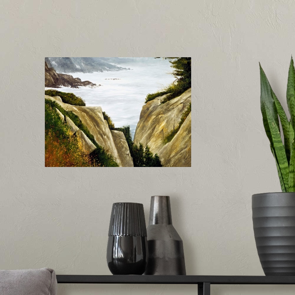 A modern room featuring Contemporary painting of a rocky seaside.