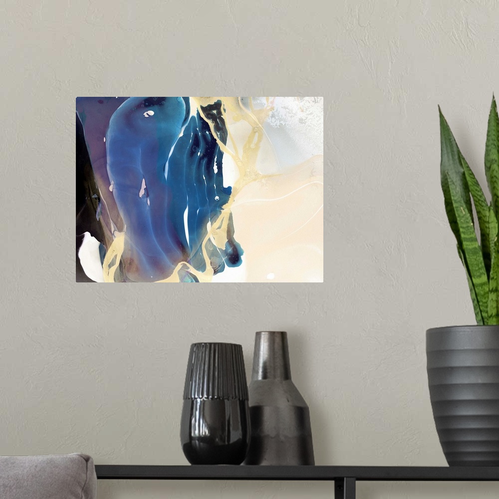 A modern room featuring Contemporary abstract artwork of a colorful textural liquids swirling around and creating etherea...