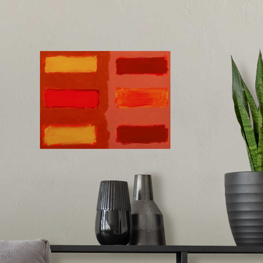 A modern room featuring Abstract painting in shades of red and orange, with horizontal bands.