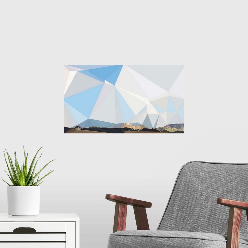 A modern room featuring Mountain range under a blue sky made of triangular shapes.