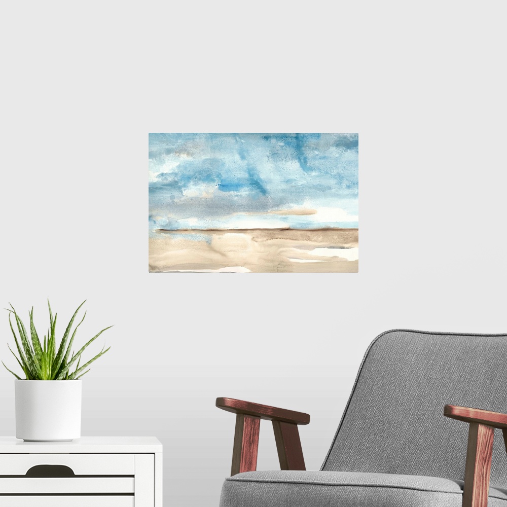 A modern room featuring Contemporary landscape watercolor painting with a blue sky and beige ground.