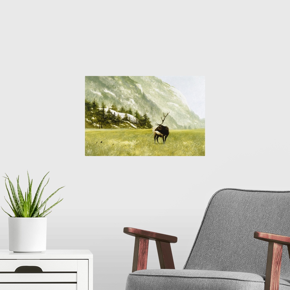 A modern room featuring Contemporary painting of an elk standing in the middle of a snowy valley watching three black bir...