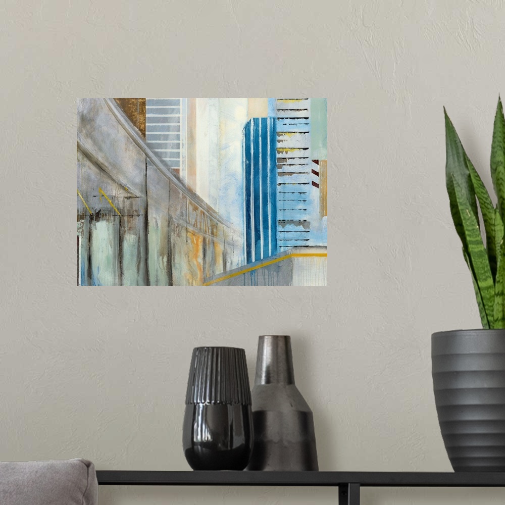 A modern room featuring Abstract painting of a winding overpass going through a cityscape.