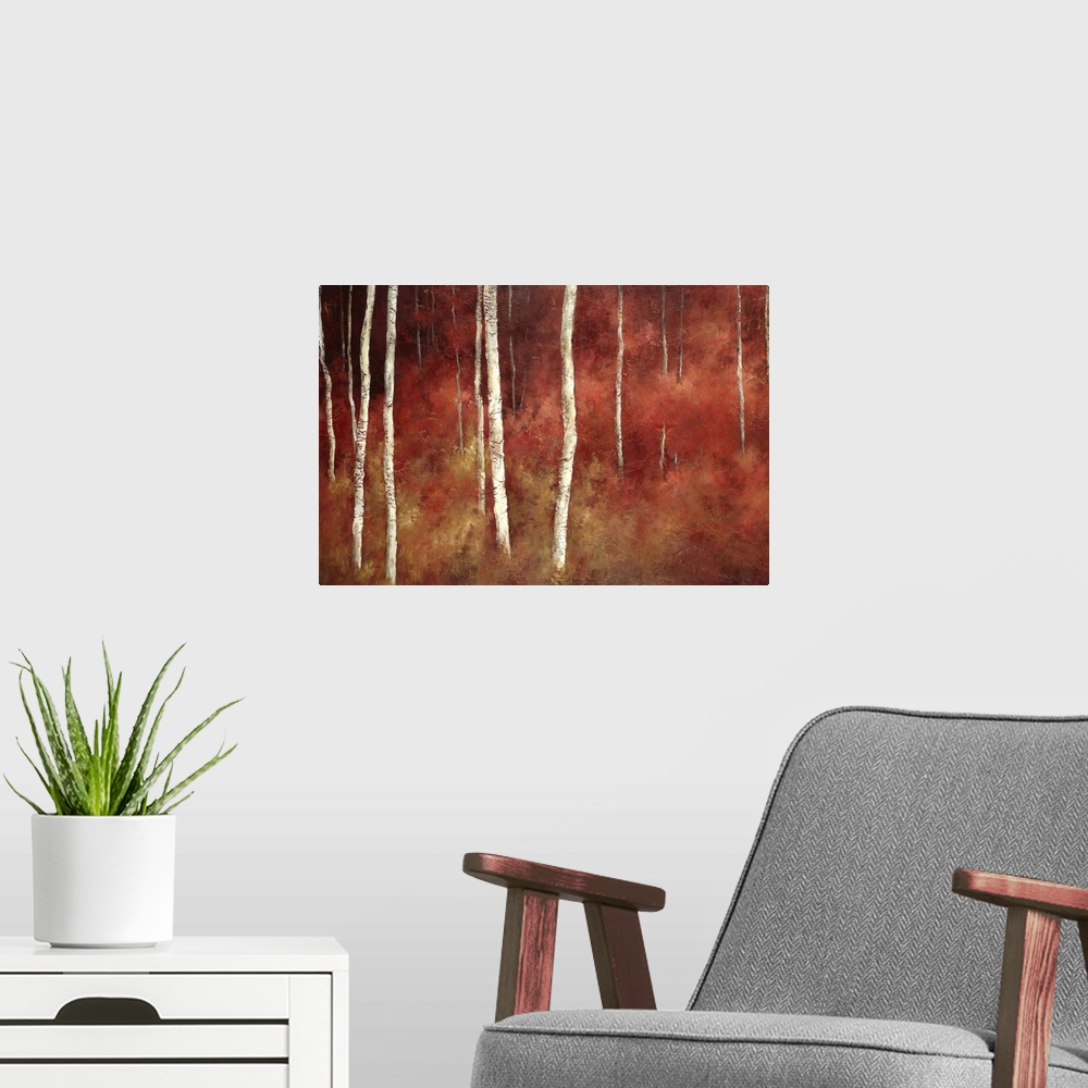 A modern room featuring Giant, contemporary painting of thin white tree trunks in a forest surrounded with red and golden...