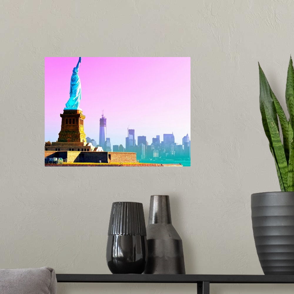 A modern room featuring Vividly colored photograph of the Statue of Liberty and New York skyline.