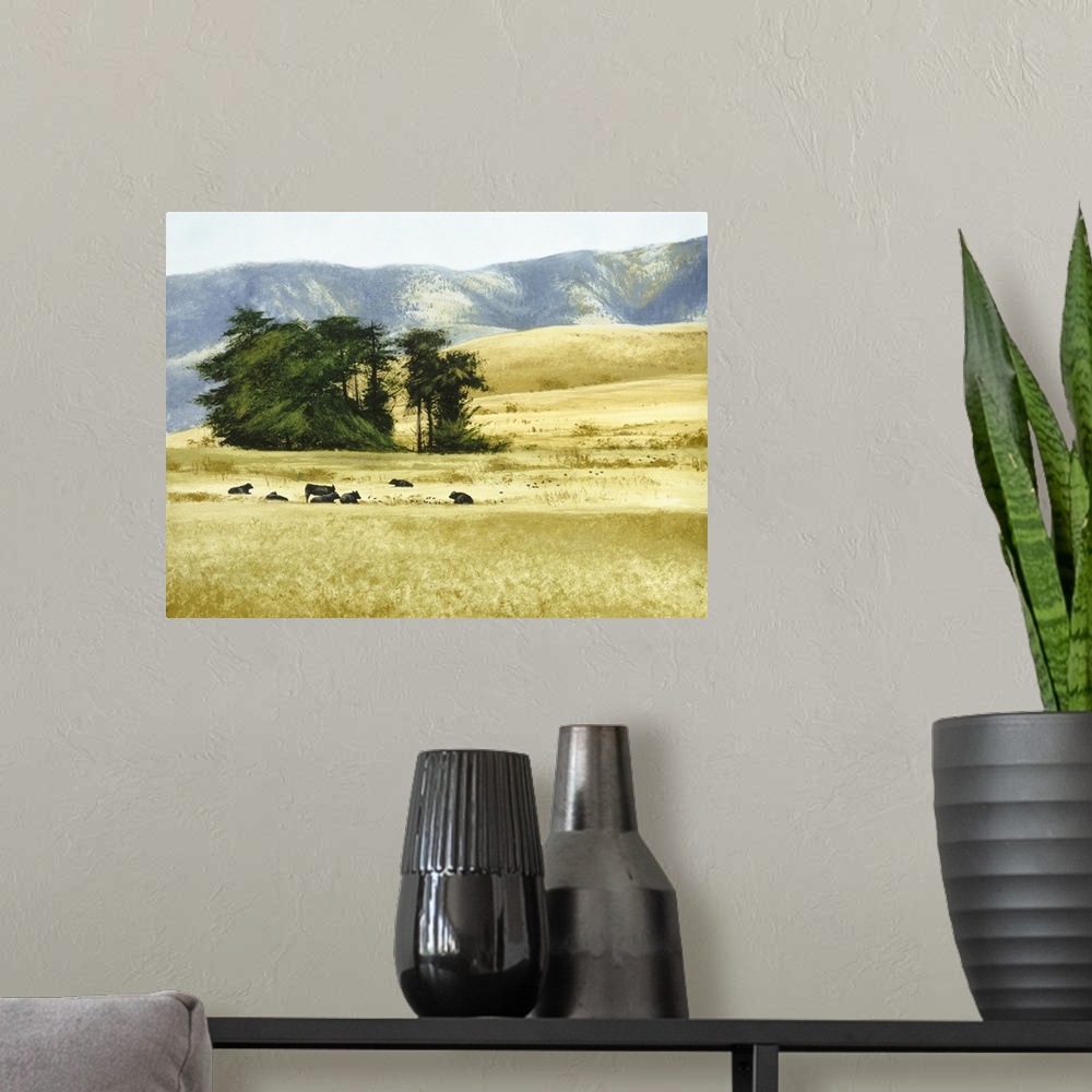 A modern room featuring Contemporary painting of cows grazing and laying in a field in the foothills on the countryside.