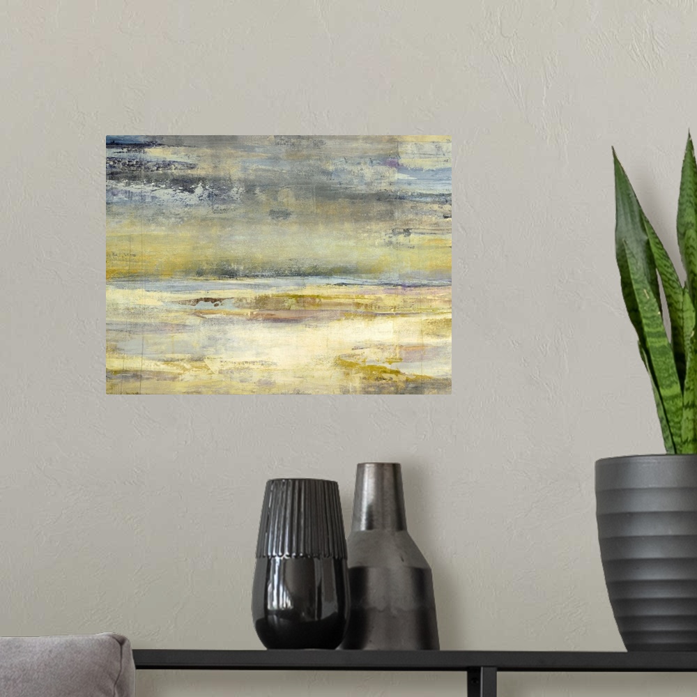 A modern room featuring Abstract painting created with horizontal brush strokes in shades of yellow, blue, brown, and gra...