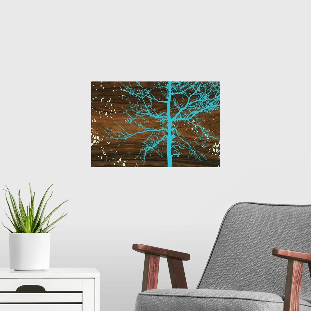 A modern room featuring Decorative turquoise silhouette of a tree against natural wood grain texture, resembling a wavy b...