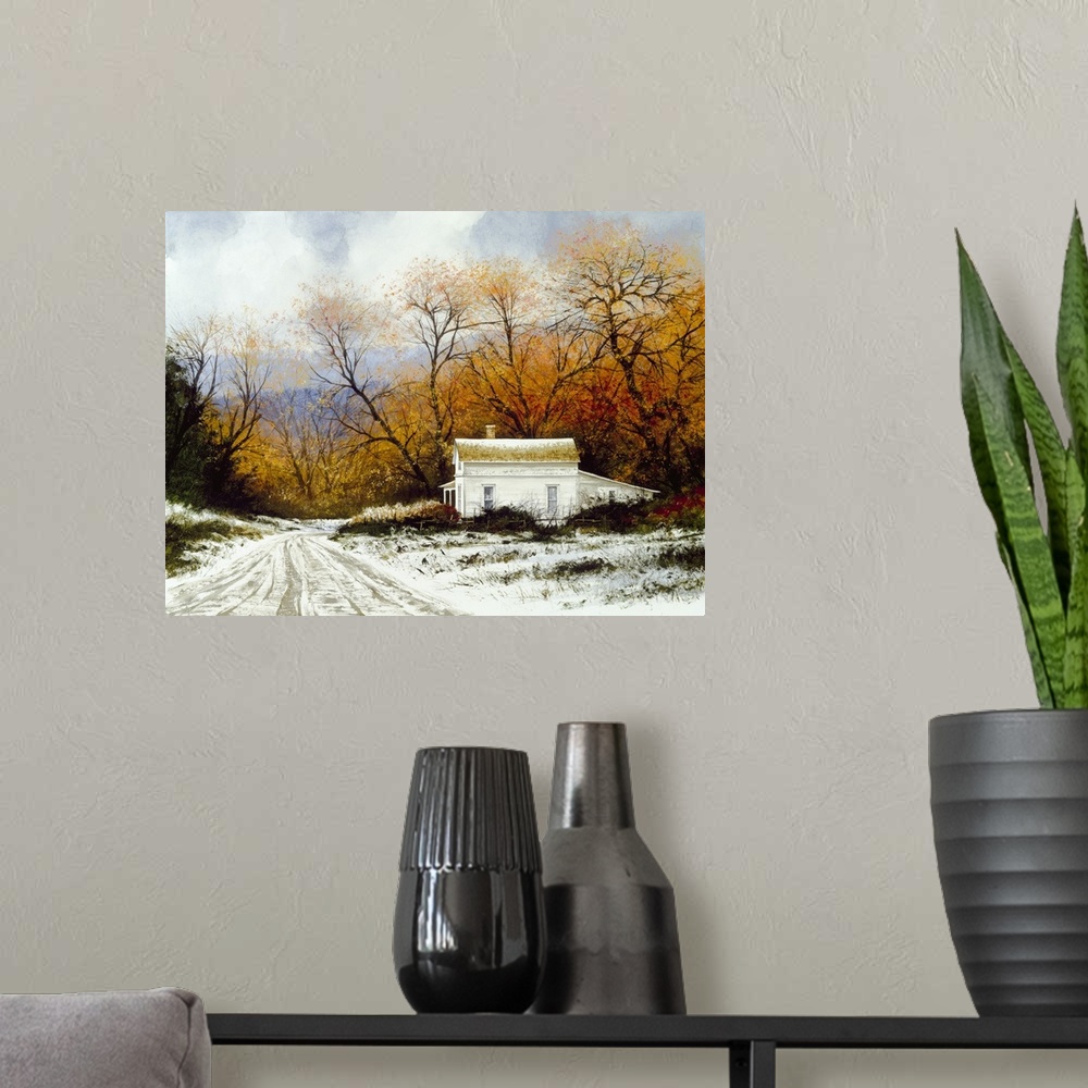 A modern room featuring Contemporary painting of a snow covered road leading to a white Victorian house.