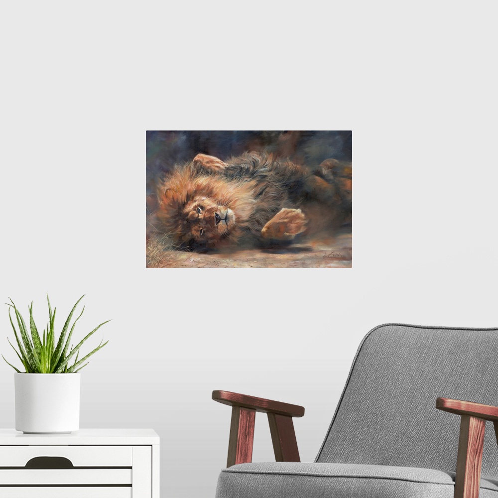 A modern room featuring Lion having a dust bath. Originally oil on canvas.