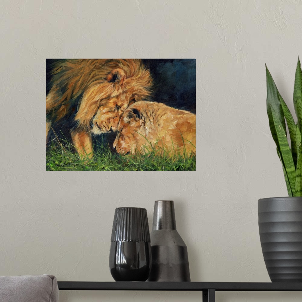 A modern room featuring Lion and Lioness sharing a moment. Originally oil on canvas.