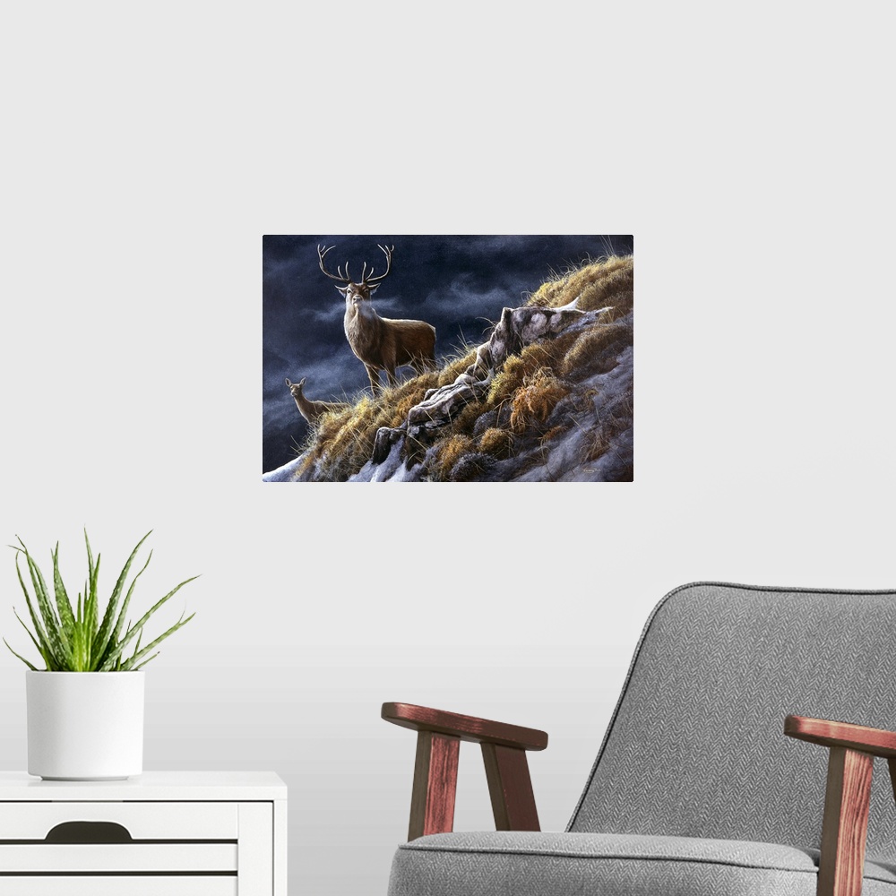 A modern room featuring A life-like traditional style wildlife painting of a buck deer with antlers standing on a snowy, ...